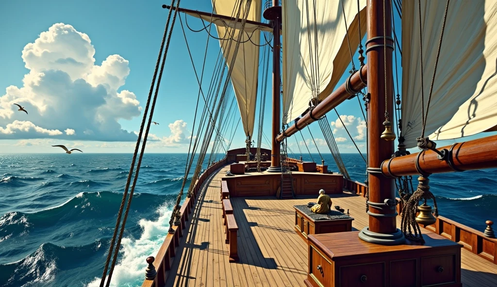 The deck of a sailing ship in the middle of the sea during the day