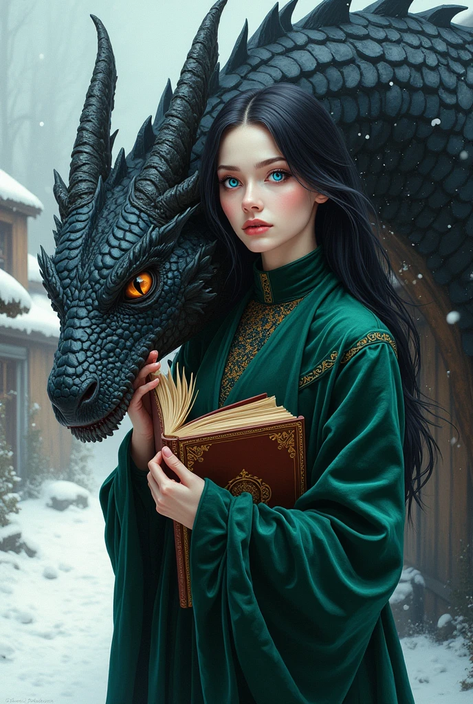 A pale 2 woman with blue eyes and black hair in a green Victorian velvet coat with a Grimoire in her hand , petting a giant black scaled dragon with a snowy village background hand drawn style for book cover