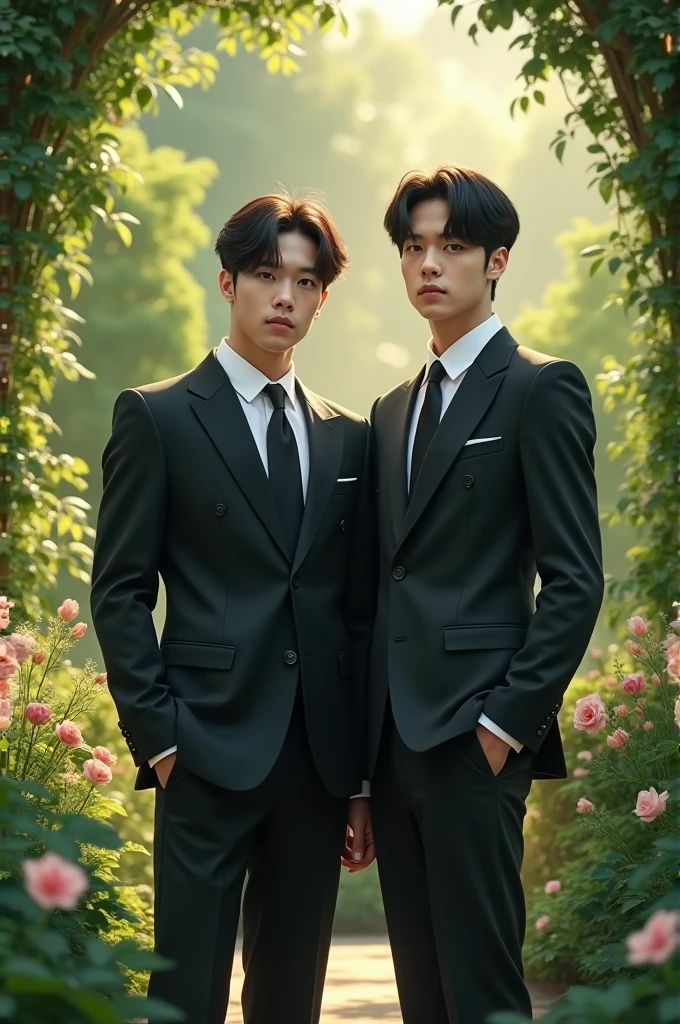 Bts jeon jungkook and Kim taehyung in suit,in garden 
