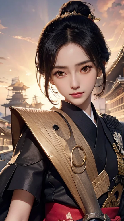 Japan, Sengoku period, beautiful girl, Japanese anime, black hair, short hair, slanted eyes, war genius, military strategist, sword style