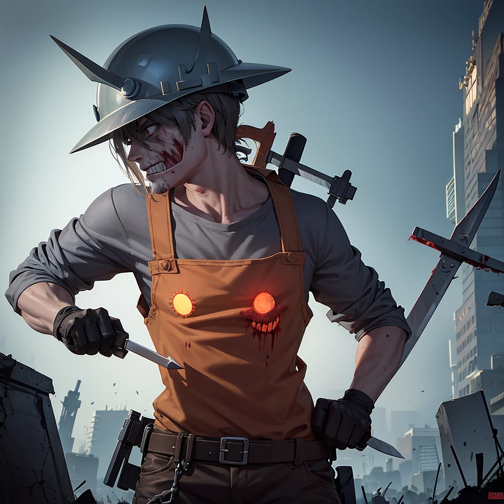 An Zombie bob the builder with constructon helmet, long scars in the face, with a bloody long knife