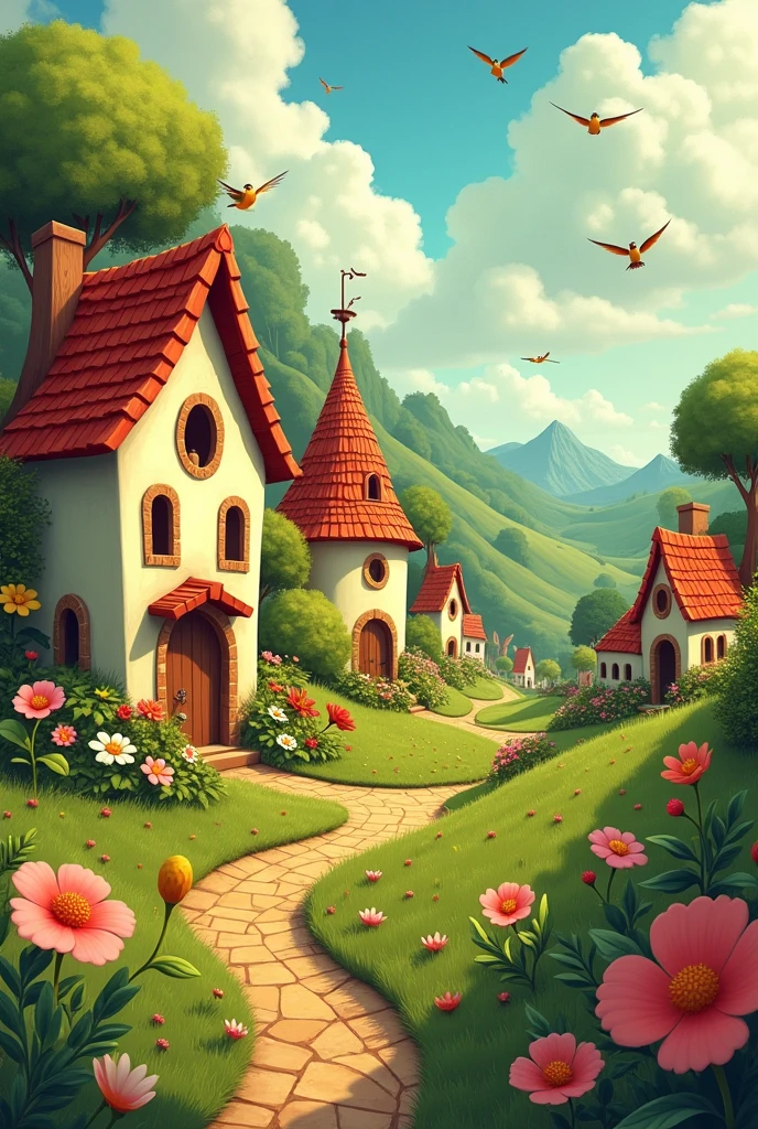 (photorealism:1.2),Cartoonish valley, small houses, small holes in wals, small birds nesting, flowers, beautiful sunny day. intricate details, warm colors, by Greg Rutkowski, by Alphonse Mucha