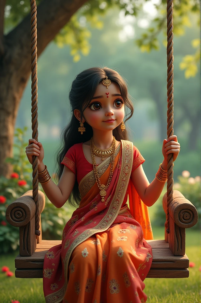 Indian girl fair skin tone in traditional clothing, sitting in a swing in park
