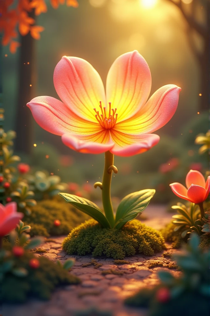 There, they found the magical flower blooming, surrounded by a golden light Vibrant, 3d pixer cartoon 