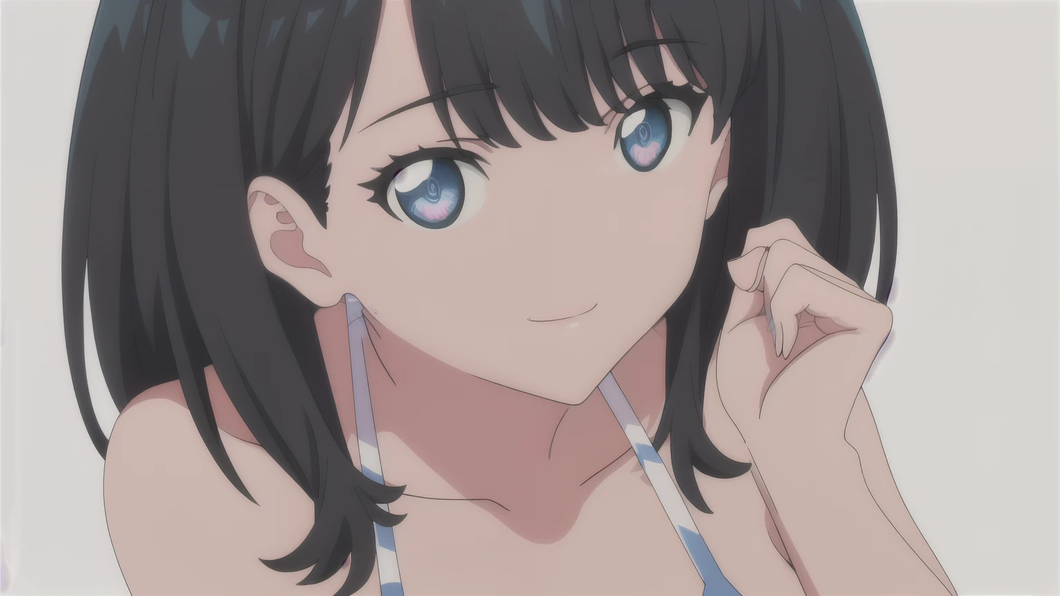 masterpiece, Best Quality, 4k, animated style, clear focus, best writing, beautiful animated portrait, sexy body, detailed eyes, crouched, looking at the viewer, shiny eyes, 1girl, bikini, nice drawing of the hands, black fur, smile, blue bikini, blue eyes, breasts, neckline, cowboy shot, layered bikini, breasts medianos, medium hair, mismatched bikini, side tie bikini bottom, simple background, Alone, standing, swimsuit, White background, back track rich