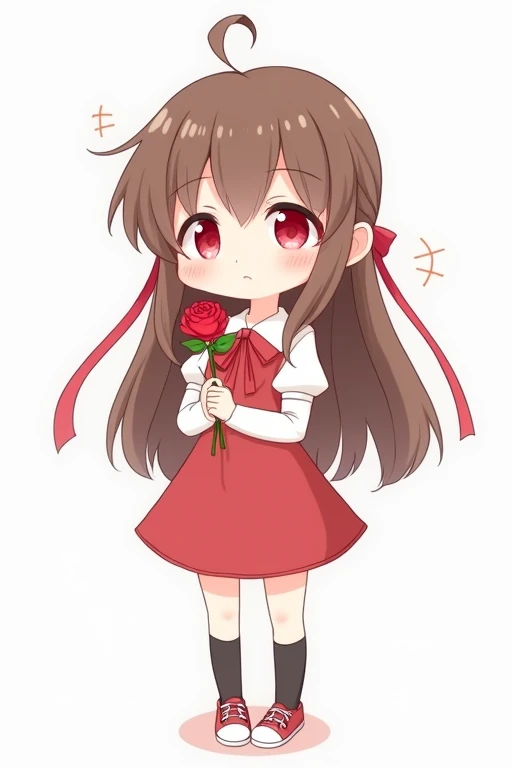 A cute anime girl with long brown hair, red eyes, wearing a simple white dress shirt with a red handkerchief-shaped ribbon, a simple red skirt, black socks, and red shoes with white areas is smiling gently and holding a single red rose in both arms, this is a deformed illustration.
