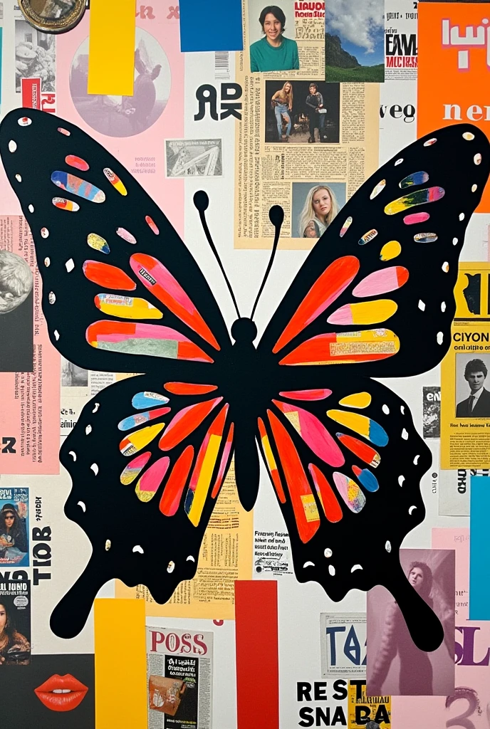 Butterfly icon collage style pop art magazine papers from the 90s