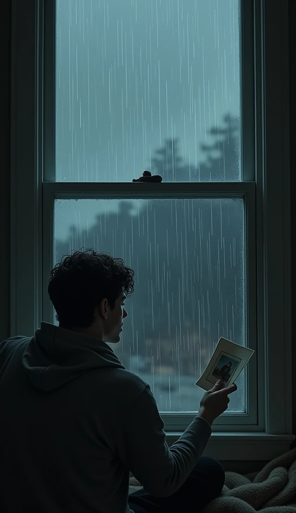 Create a reflective scene with a person sitting alone by a window, lost in deep thought. The person gazes out at a cloudy sky or a rainy evening, with raindrops trickling down the glass. The expression on their face shows concern and contemplation, perhaps holding a letter or a photograph in their hand.