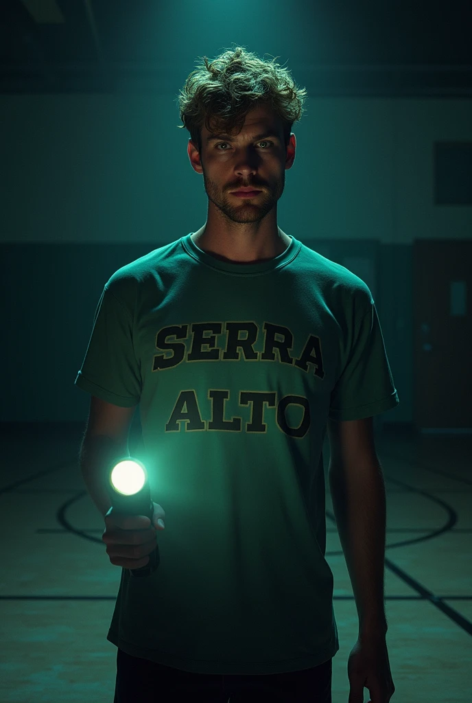 Mature man in his 20s with a mysterious expression, dark blonde short hair, with a blond beard and green eyes wearing a summer camp t-shirt that says Serra Alto and a flashlight in his hand, half dark gym, Estilo da DC Comics, imagem sem fundo