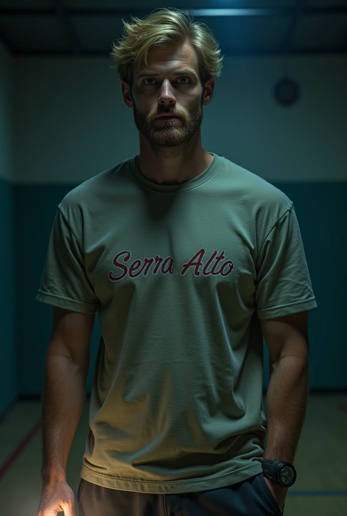 Mature man in his 20s with a mysterious expression, dark blonde short hair, with a blond beard and green eyes wearing a summer camp t-shirt that says Serra Alto and a flashlight in his hand, half dark gym, Estilo da DC Comics, imagem sem fundo