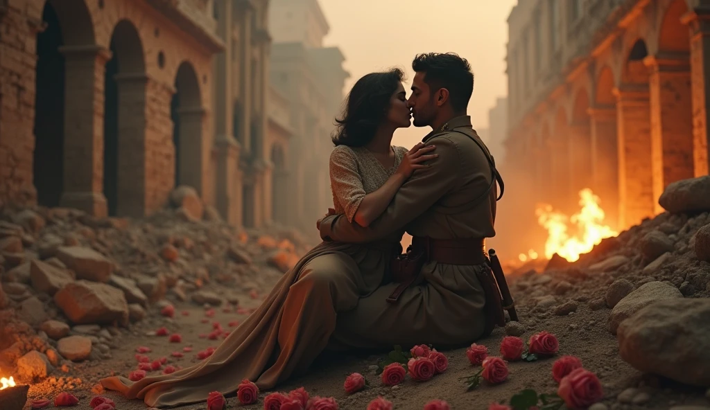 1914; (masterpiece, best quality) destroyed city roses on the floor(Cairo); flowers on the ground; 1Egyptian soldier couple kissing looking Down(close-up);firearm on the floor.; fire around.