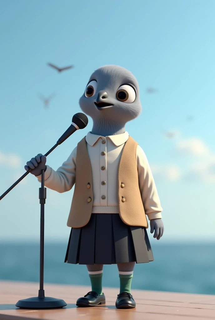 ((Highest quality)), ((masterpiece)), (photograph:1.6), (front), photorealistic, portraitSinging with a microphone。
Big cute eyes, human expression。A small grey female pigeon with a head slightly larger than its body。
Off-white short-sleeved collared shirt with a light brown vest、A knee-length black skirt with dark green socks and black shoes、Clear blue sky and ocean views。