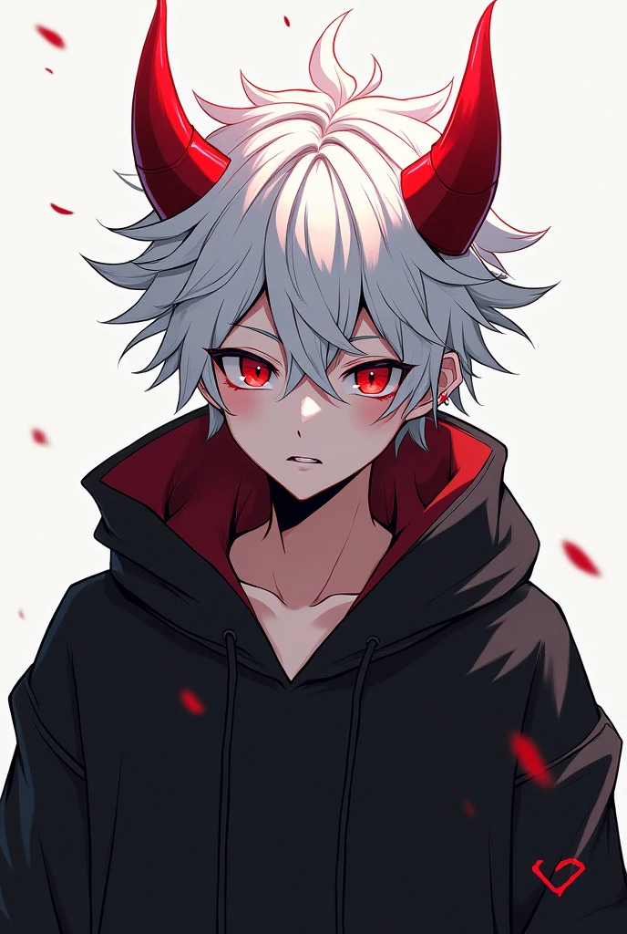 Anime boy with two red horn and red eye
And white hair and wear black hoddie