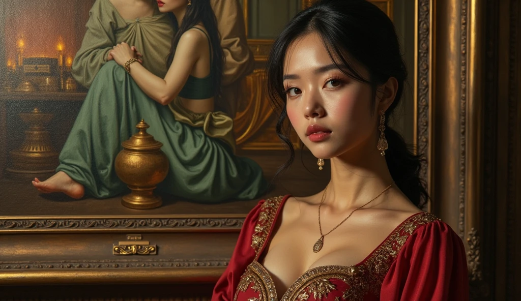 Master oil painting, sophisticated and refined. Excellent taste. Beautiful composition, cinematic lighting, deep shadows, of a very beautiful, very pretty upper realistic, hyper realistic, ultra-detailed, 8k, Portrait photography, stylized fashion photograph, realism, Super photoreal, hyperreal, photorealistic • Highly realistic treasure scene • Photorealistic materials and lighting effects • Complex details, intricate textures 