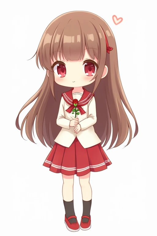 A cute anime girl with long brown hair, red eyes, wearing a simple white dress shirt with a red handkerchief-shaped ribbon, a simple red skirt, black socks, and red shoes with white areas is smiling gently and holding a single red rose in both arms, this is a deformed illustration.