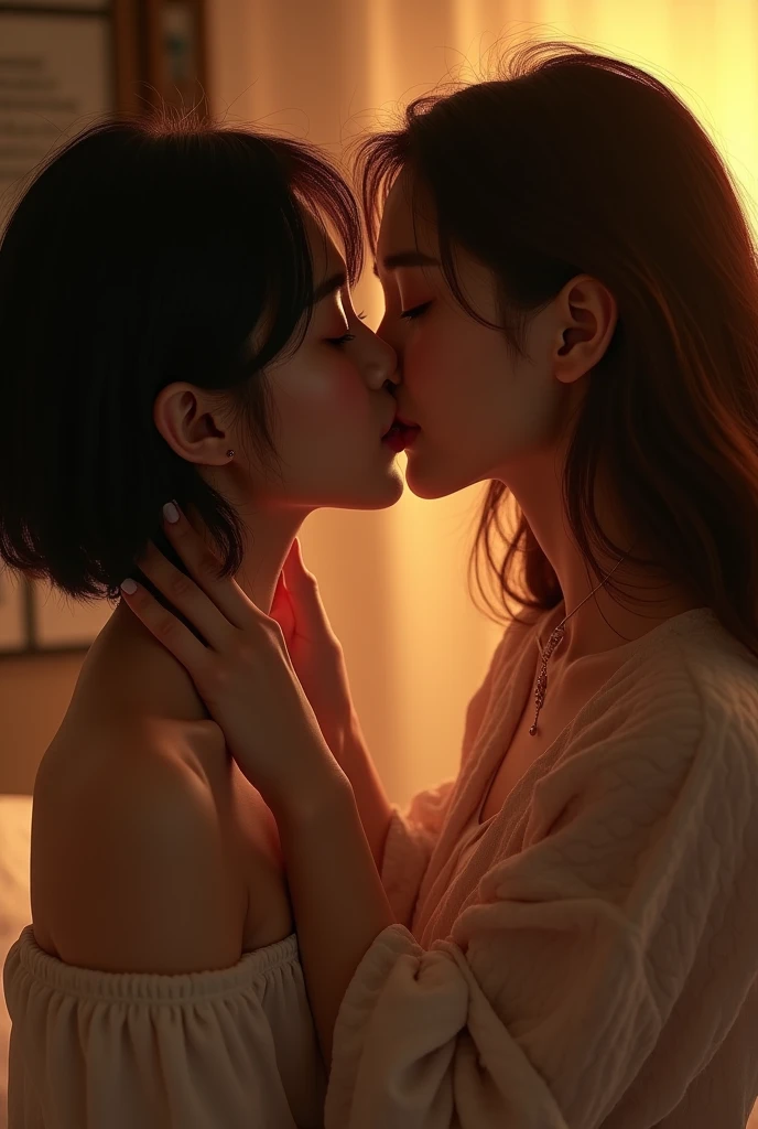 Generates two lesbian Korean ladies kissing with tongue