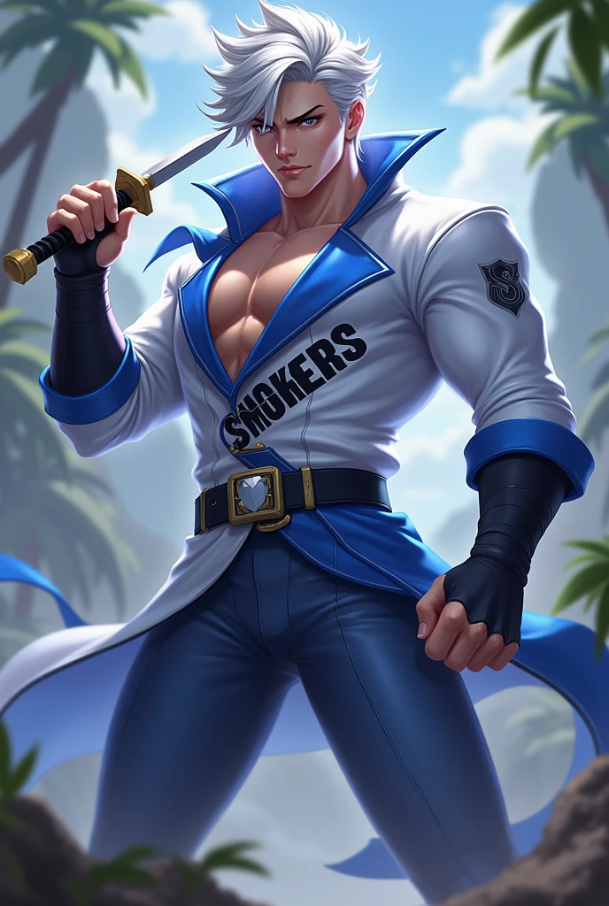 Generate Gusion from mobile legends bang bang games. Holding dagger in right hand.
Outfit: White and blue with clear and not hidden print "smokers".
Background realistic 