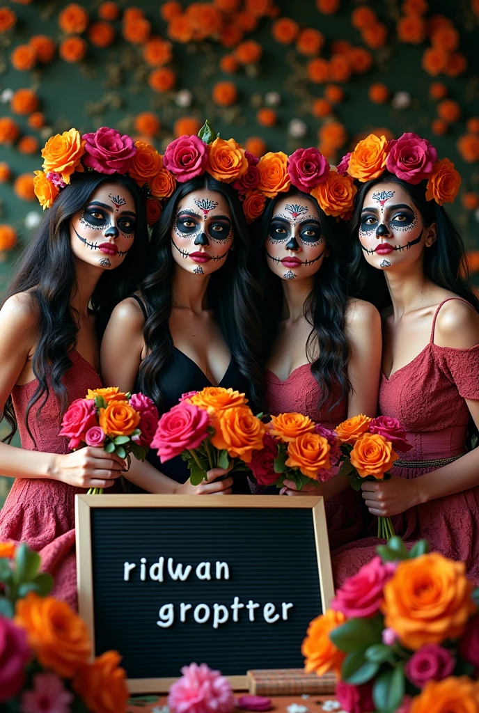 Photoshoot of 4 beautiful women with Dios de los Muertos concept,holding beautiful flowers and the room is full of colorful flowers and there is a signboard ridwangrapher
