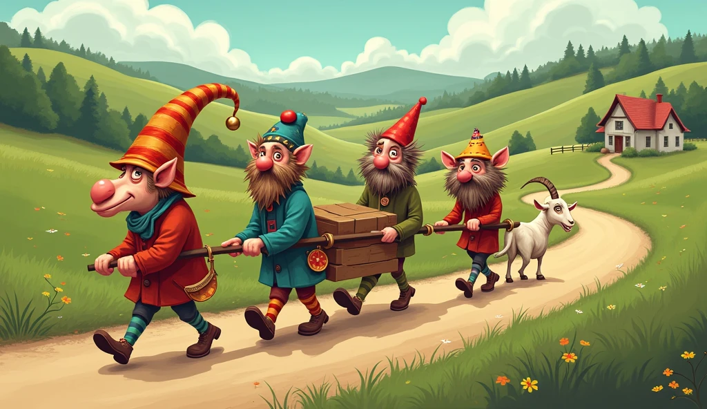 Four fools taking a goat on the road
