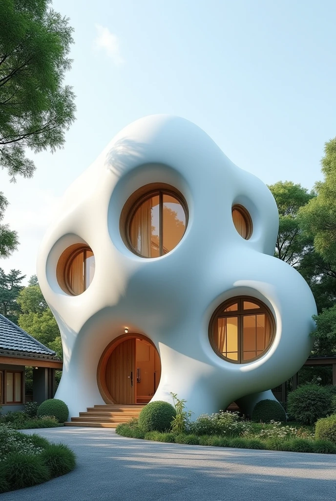 A two-story house, with the shape of bubbles and with features of Japanese architecture.