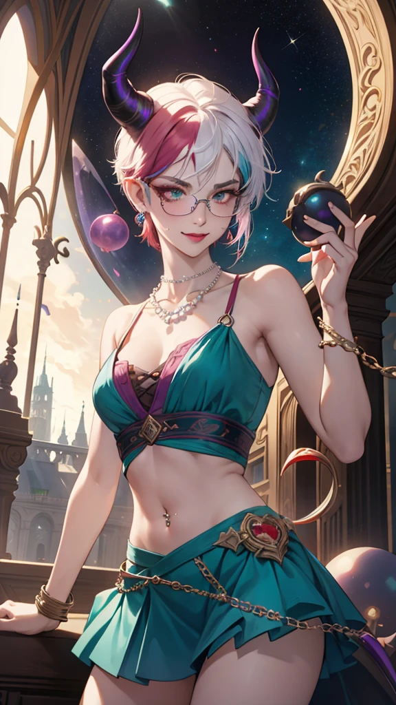8k, masterpiece, best quality, highly detailed, 1 girl, tiefling, warlock, pixie cut, multicolored hair, very short straight hair red highlight hair on white hair, strippled hair, wearing glasses, round glasses, earrings, navel piercing, red eyeshadow, long eyelashes, blushed cheek, red lips, pearl necklace, rings, collarbone, mole on face, glamorous, teal and purple clothes, sleeveless, miniskirt, smirk, close up view, rings, looking at viewer, demon horns, solo, starry sky, pale blue moon, standing, boxing stance, demonic arms, chains on the background.