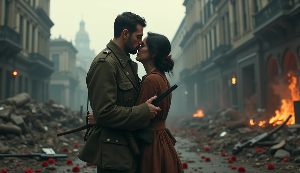 1914; (masterpiece, best quality) destroyed city roses on the floor(London); flowers on the ground; 1British soldier couple kissing looking Down(close-up);firearm on the floor.; fire around.