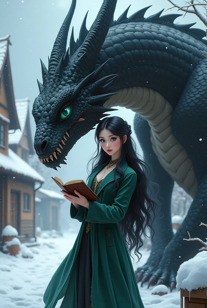 A pale 2 woman with blue eyes and black hair in a green Victorian velvet coat with a Grimoire in her hand , petting a giant black scaled dragon with a snowy village background anime style for book cover