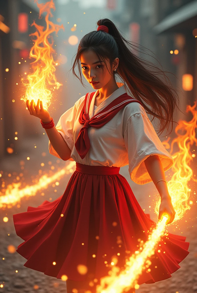 Sukeban Deka、((Fire Magic))、Japanese beautiful girl Yuka、Dynamic fighting poses、