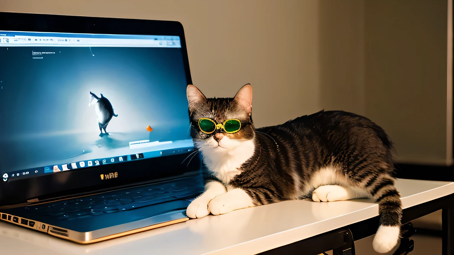 Realistic photos、4K, 8k,masterpiece, A cat wearing sunglasses operates a computer, on the desk, (Resort), vivid,Real cat