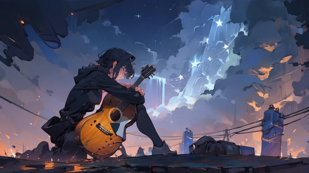 masterpiece,night,(dark alley),star、Night evening Sky、milky way、octone、
(1. Female), (solo), Knee hugging sitting,acousticguitar