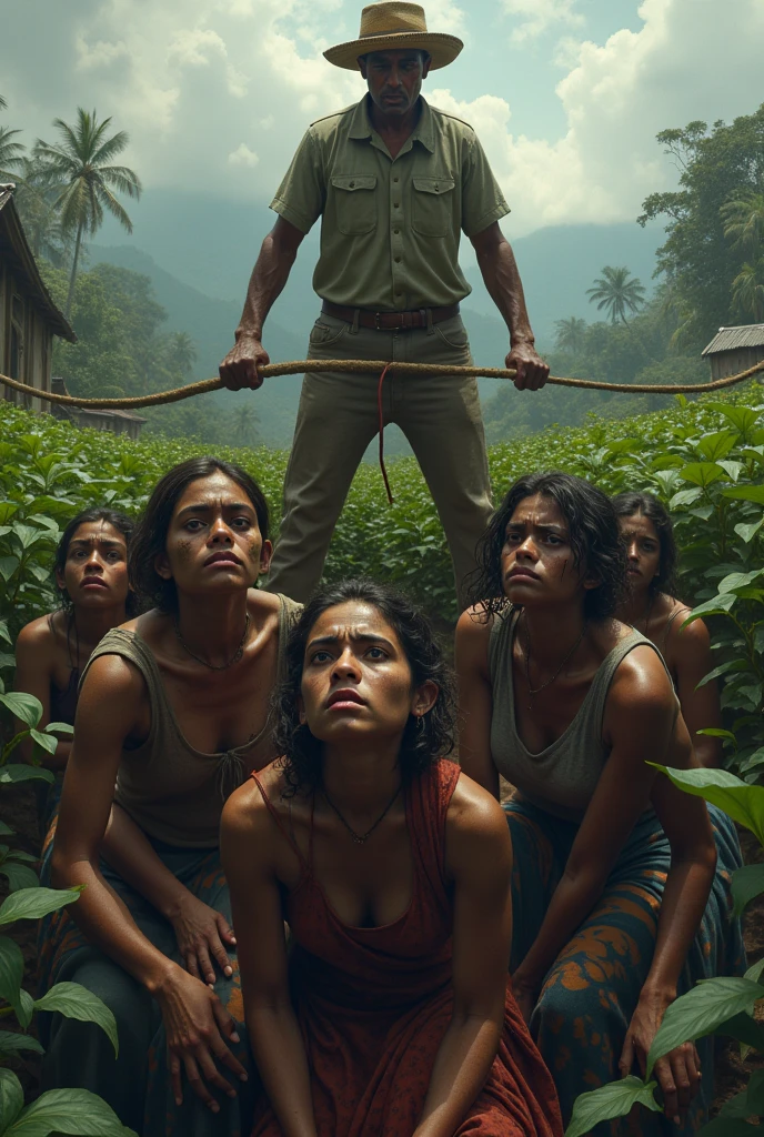 Assamese slave girls in the tea garden , with whip master 