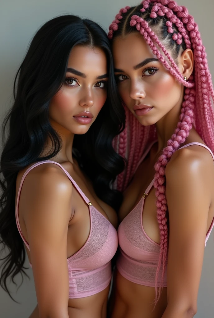 model with long wavy black hair, With her friend, Threaded long thick pink braids, full body view, sexy outfit, big boobs, white girls