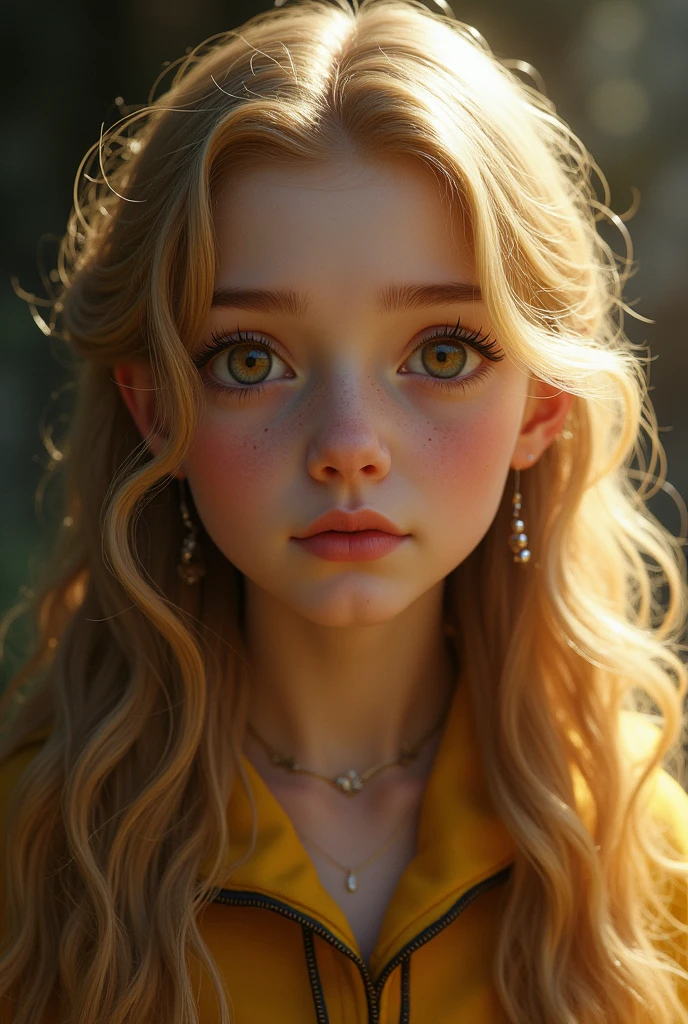 A girl innocent face* round eyes in ambar color, she save soft features , smal and delicate nose ,lips heart shaped her face a soft and feminine Square form* she is extremely beautyfull...hair( blond and long at her waist Softly curled on the final she is a witch from Hogwarts her house its Hufflepuff(realistic)