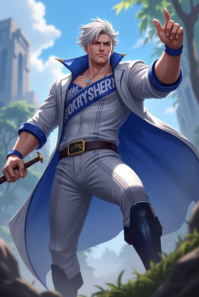 Generate Gusion from mobile legends bang bang games. Holding dagger in right hand.
Outfit: White and blue with clear and not hidden print "smokers".
Background realistic