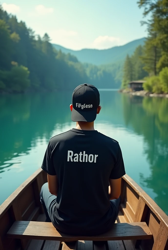 a serene lake with crystal clear water, a 1 man sitting on boat,the boy wearing a black cap and tshirt , YOGESH RATHOR name on the tshirt,the man looking forant, wooden boat,  green forest in the background, highly detailed, photorealistic, dramatic lighting, realistic reflections, stunning landscape, vibrant colors, cinematic composition, RATHOR name on the cap 