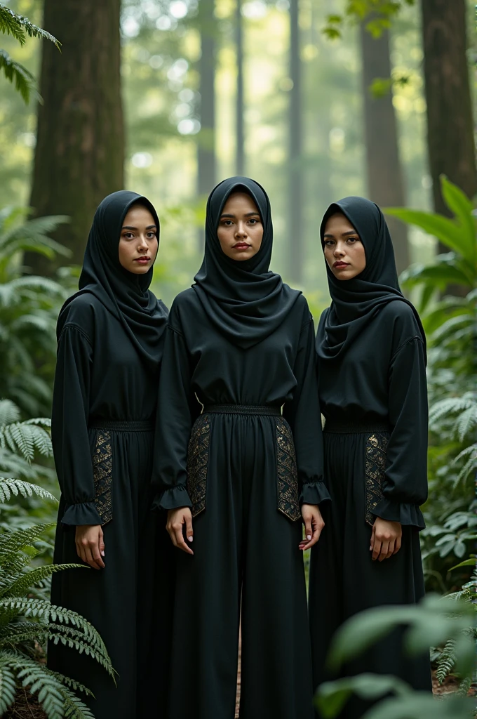 three hijab women wearing jumpsuits in the middle of the forest