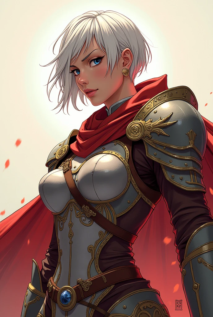 2d art, Keyleth vox machina, White hair, shorth hair, medieval armor, hight contrast, Two-tone lighting, drawning, d&d, arte 2d cleriga, drawning animado, attack on titan