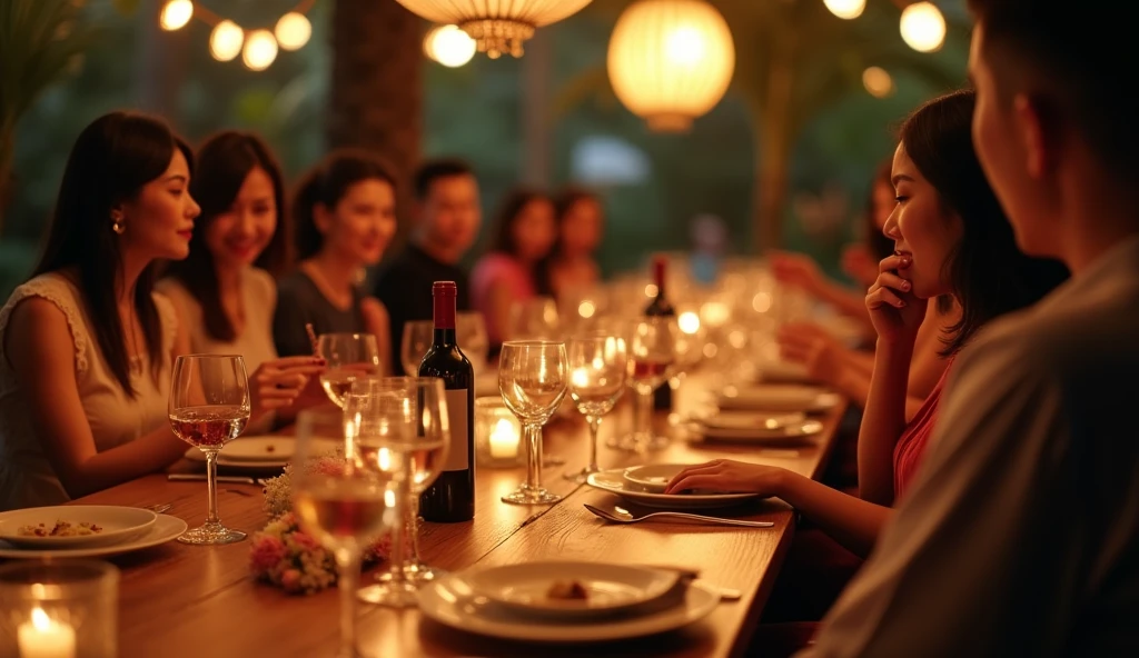 In the style of real movies,80s style,A group of fashionable people(Both men and women),Chinese,Parties,In the villa garden,In the restaurant,Large dining table,Abundant food,Twilight,reunion,Reception,wine,Wine Tasting,酒杯close up,Set,High heel(Rich details),(best quality),Film Style,Multi-angle shooting,close up,side,Back