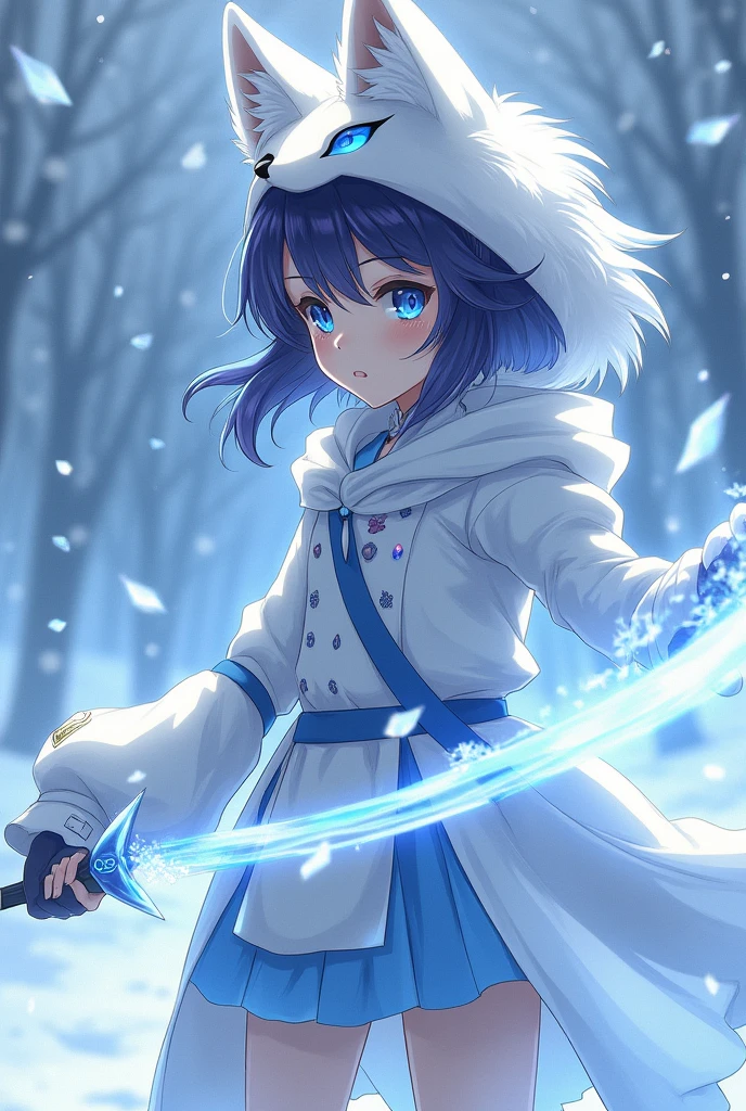 Create an anime version character with black hair blue eyes with star popilla with an ice sword white clothes with blue with a white fox mask snow powers 