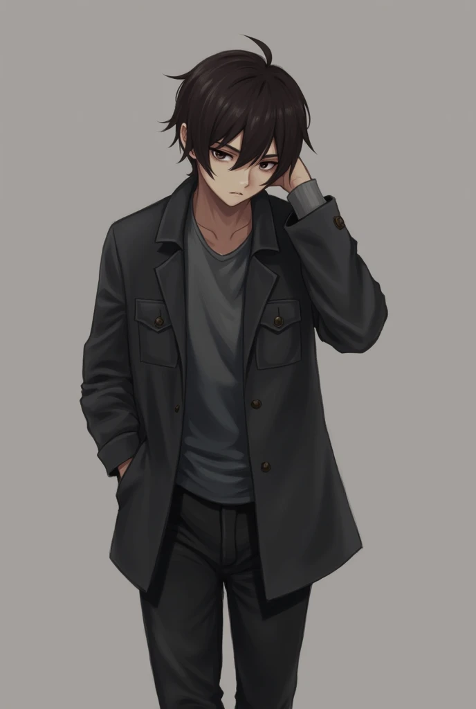 Youngh , bonitas, dark brown hair to the shoulder , and black eyes, expression of boredom, wear dark clothes, and he&#39;s walking with one hand behind his neck 
