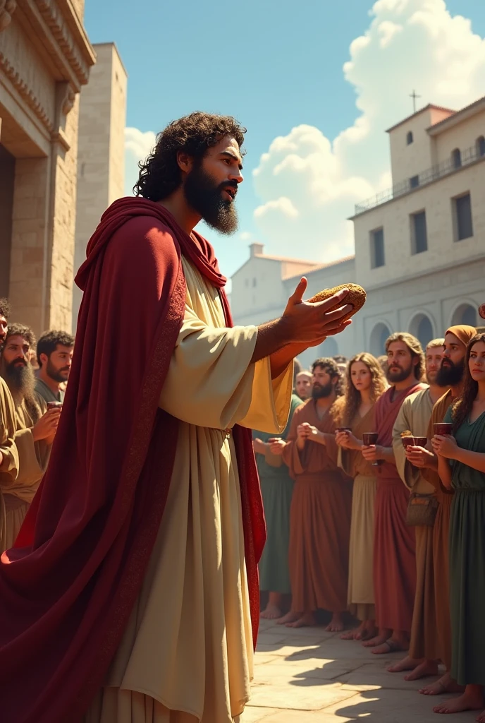 The apostle Paul giving a speech and many people listening to him then he broke the bread and drank the wine