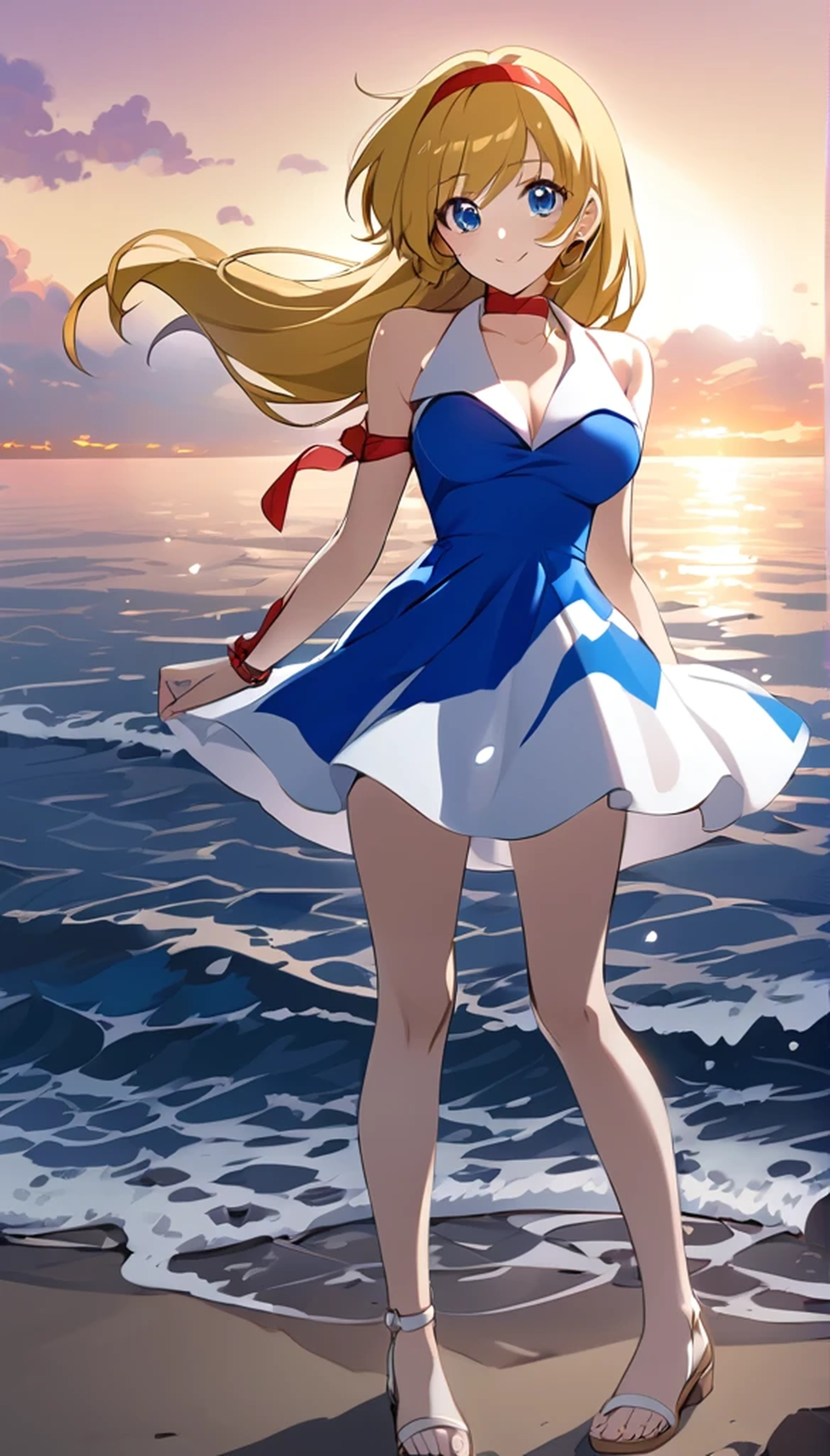 (Anime artwork, Anime Style, Studio Anime, Very detailed, up to date, Vibrant, Anime Coloring Book, High Contrast, masterpiece:1.2, Highest quality, Best aesthetics),((kisaragi honey:1.4)), (blonde hair:1.1), summer dress, (hair band, red), BREAK score_9, score_8_up, score_7_up, source_anime, best quality, (blue eyes:1.1), (She walked along the beach in the sunset, her bare feet touching the water, the closest she came to seeing that smile:1.1), (cinematic angle:1.1),