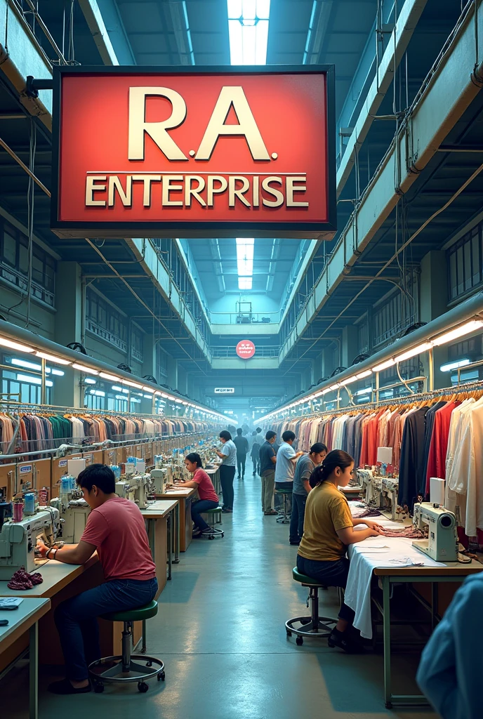 I Want a photo cloths factory garments with signboard, factory name is R A Enterprise