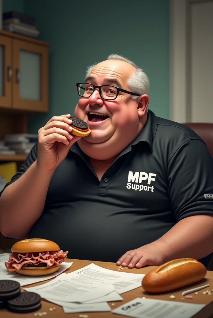 white male, aged 50, baldie, fatter, very pot-bellied, cheeky, wrinkled face, wearing glasses, eating baguette with ham, with Oreo cookies on a table, piles of papers and crumbs on the table. Wearing a black shirt with writing (MPF SUPPORT)