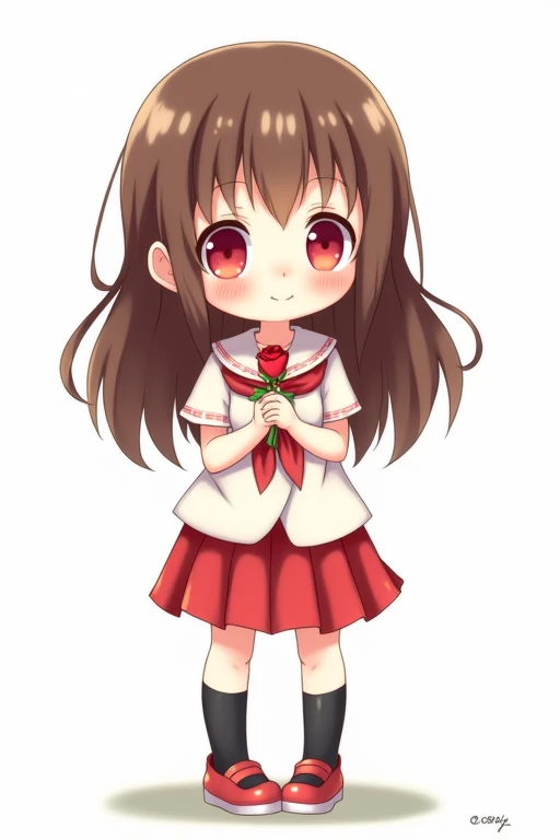A cute anime girl with long brown hair, red eyes, wearing a simple white dress shirt with a red handkerchief-shaped ribbon, a simple red skirt, black socks, and red shoes with white areas is smiling gently and holding a single red rose in both arms, this is a deformed illustration.
