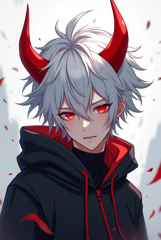 Anime boy with two red horn and red eye
And white hair and wear black hoddie