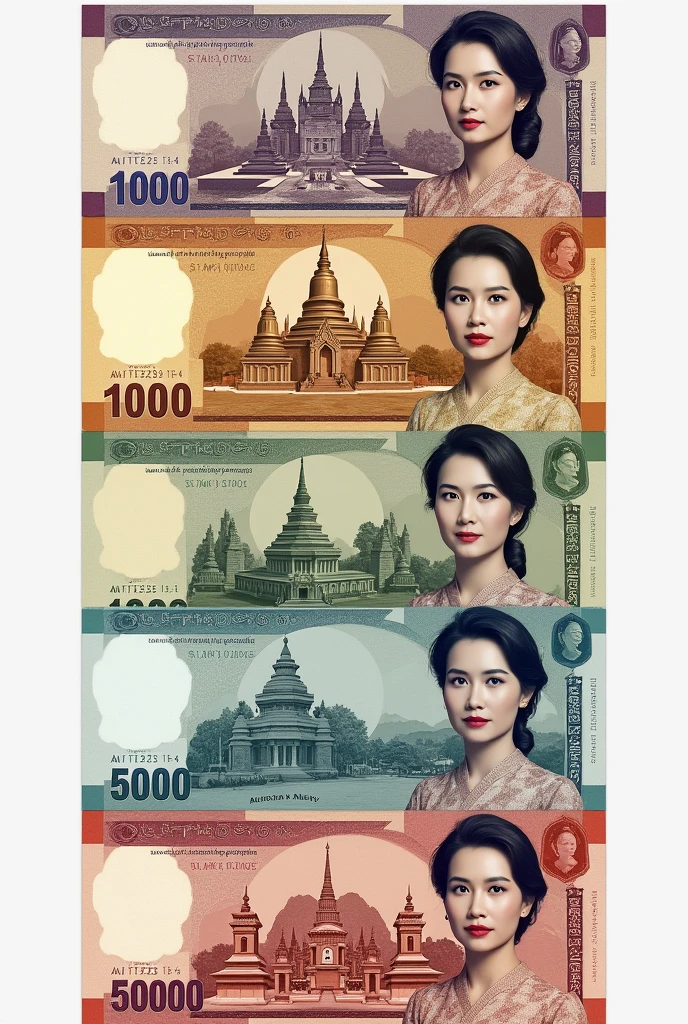 I wanna make my own banknotes for 100, 200, 500, 1000, 5000, 10000, 50000 RISES as usual, in different colors. At the front side of 15.5 cm x 6.9 cm of notes, Young and gorgeous Daw Aung San Su Kyi pic will appear with the value, and at the back, different Myanmar’s popular places will appear. Note; white watermark is at the left side of front view, and if couse at the right side of back mote. Make them in one sheet as a professional.
