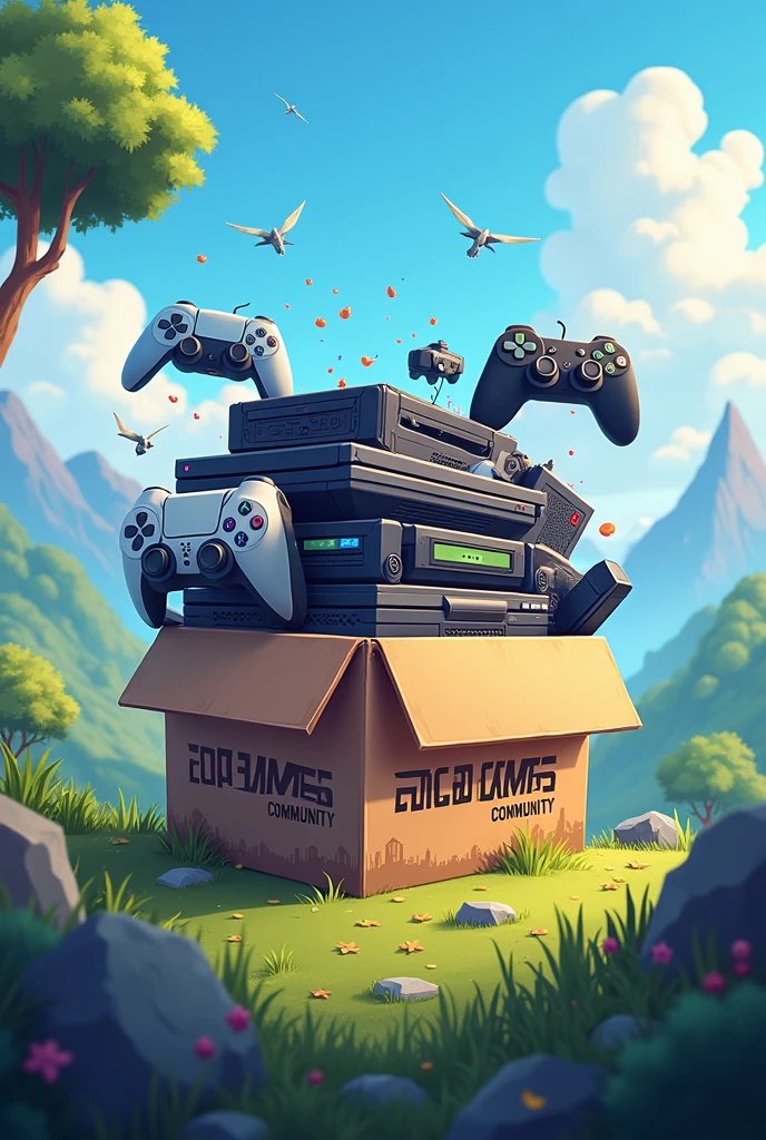 create a logo with electronic games inside a cardboard box behind a gamer landscape with the words Box Games Community written on the box