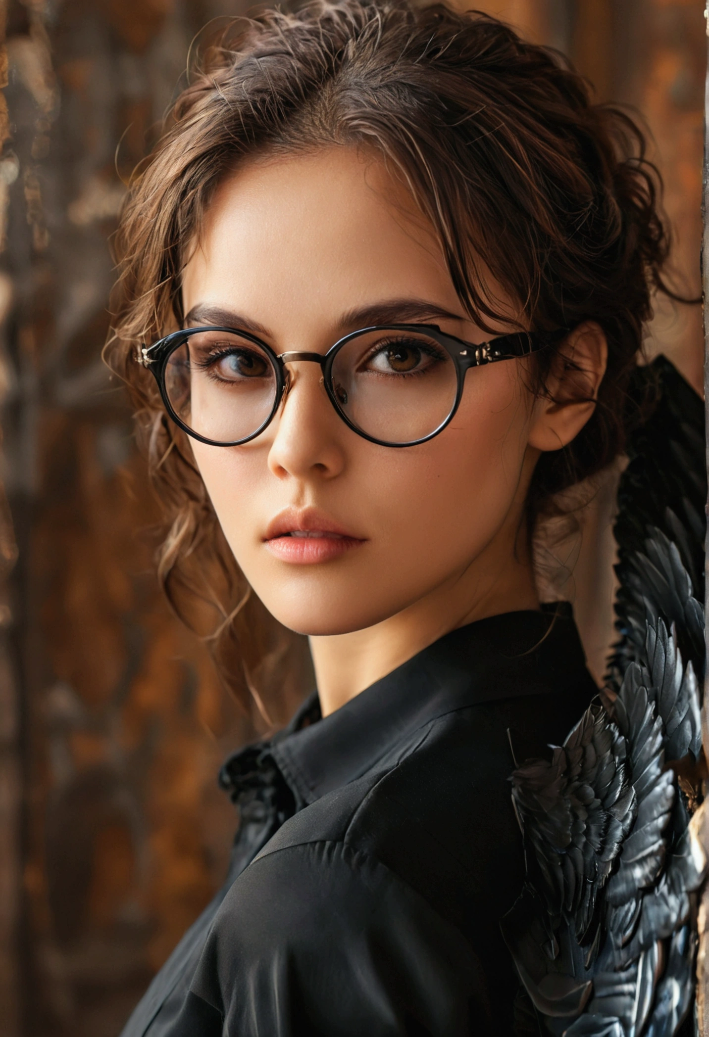 brown-haired, Brown eyes, black glasses for vision, black clothes, Black wings behind the back, serious look 