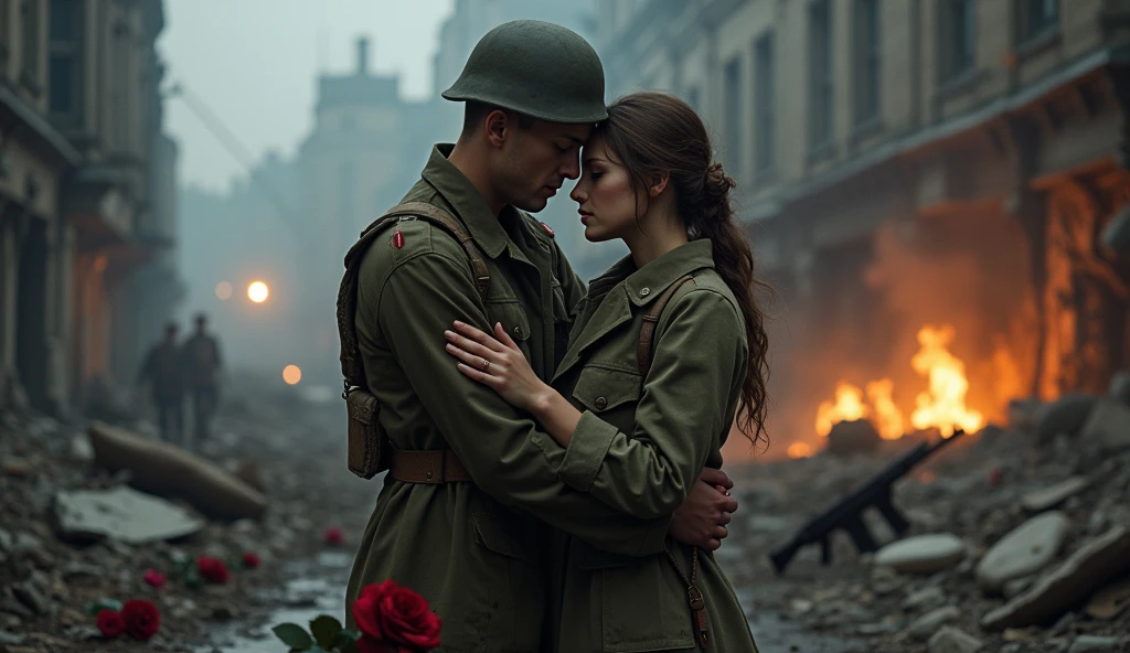 1914; (masterpiece, best quality) destroyed city roses on the floor(London); flowers on the ground; 1British soldier couple kissing looking Down(close-up);firearm on the floor.; fire around.
